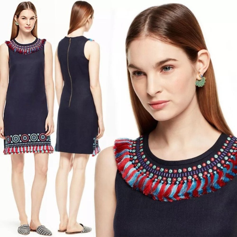 New S 6 Kate Spade Sleeveless Embroidered Studded Linen-Blend Tassel Dress Knee